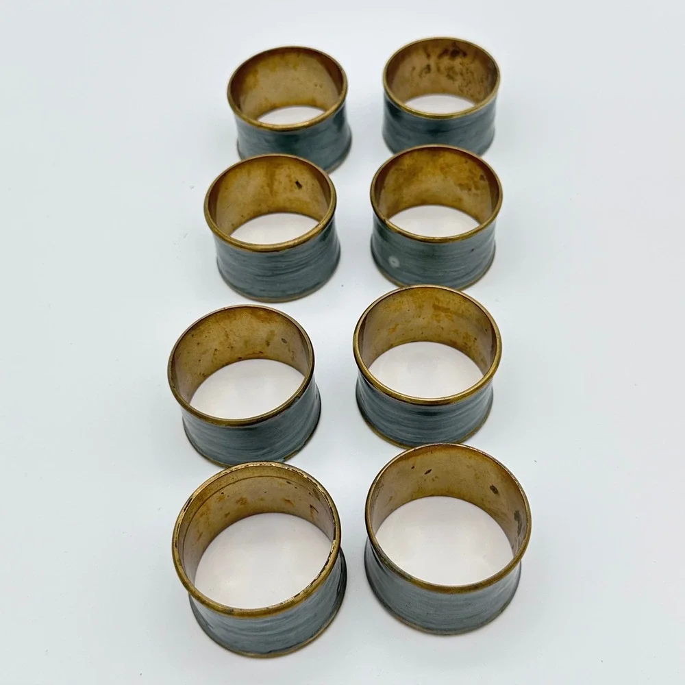 Vintage Napkin Rings Set of 8 Gray Enamel Brass Faux Pearlized Marbled